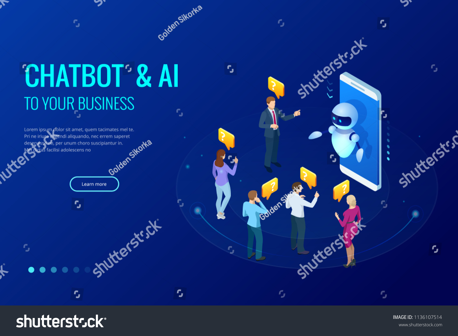 Isometric artificial intelligence. Chat bot and future marketing. AI and business IOT concept. Mans and women chatting with chatbot application. Dialog help service. Vector illustration.