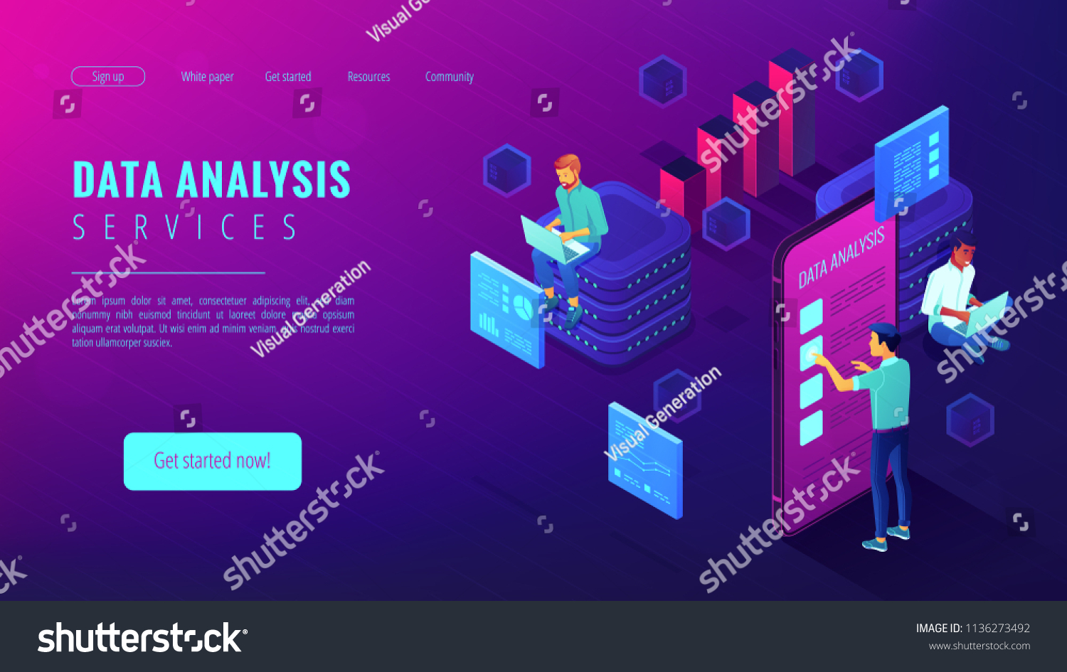 Data analysis services landing page isometric concept. Business anlyst  front end and beck end developers implementing features. Software development on ultraviolet background. Vector 3d illustration.