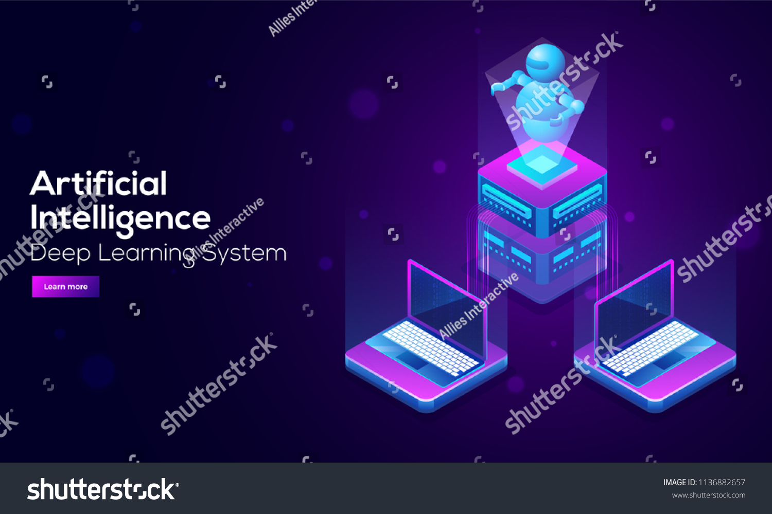Artificial Intelligence (AI) landing design with 3D illustration of a robot on server  connected with laptop for data and technology concept.