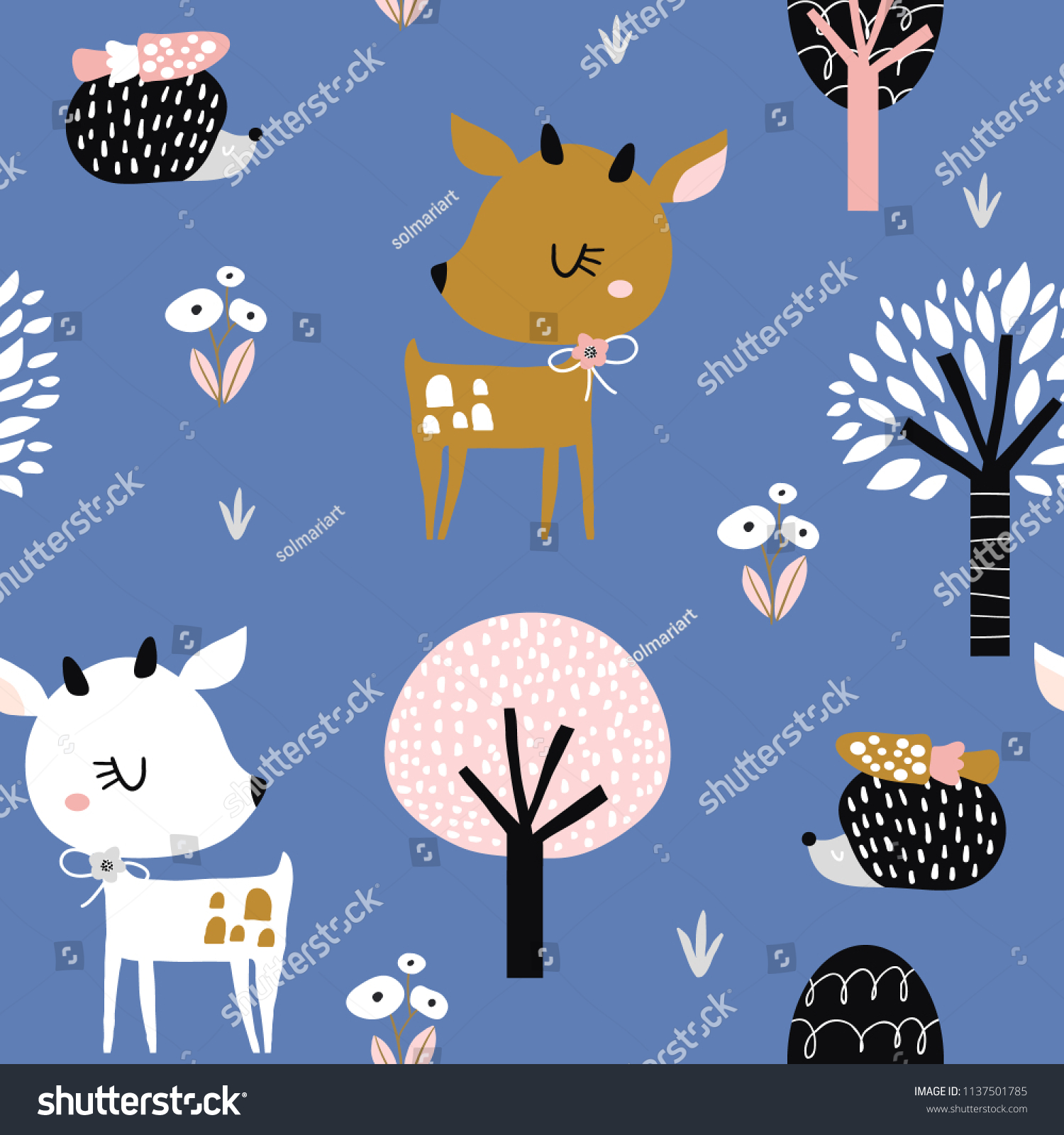 Seamless childish pattern with cute deer  hedgehog in the wood. Creative kids city texture for fabric  wrapping  textile  wallpaper  apparel. Vector illustration