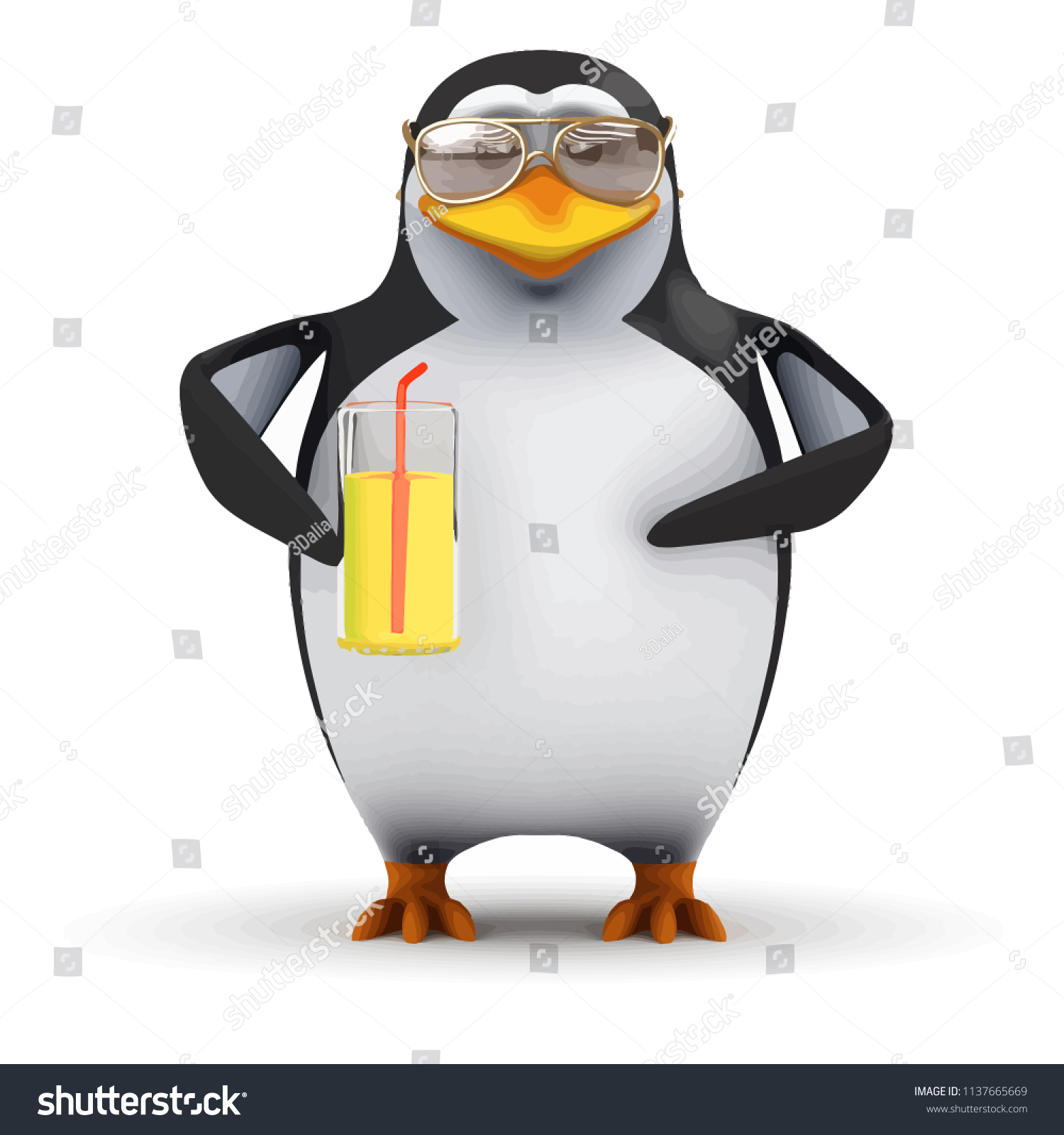 3d render of a funny cartoon penguin drinking a nice cold glass of orange juice