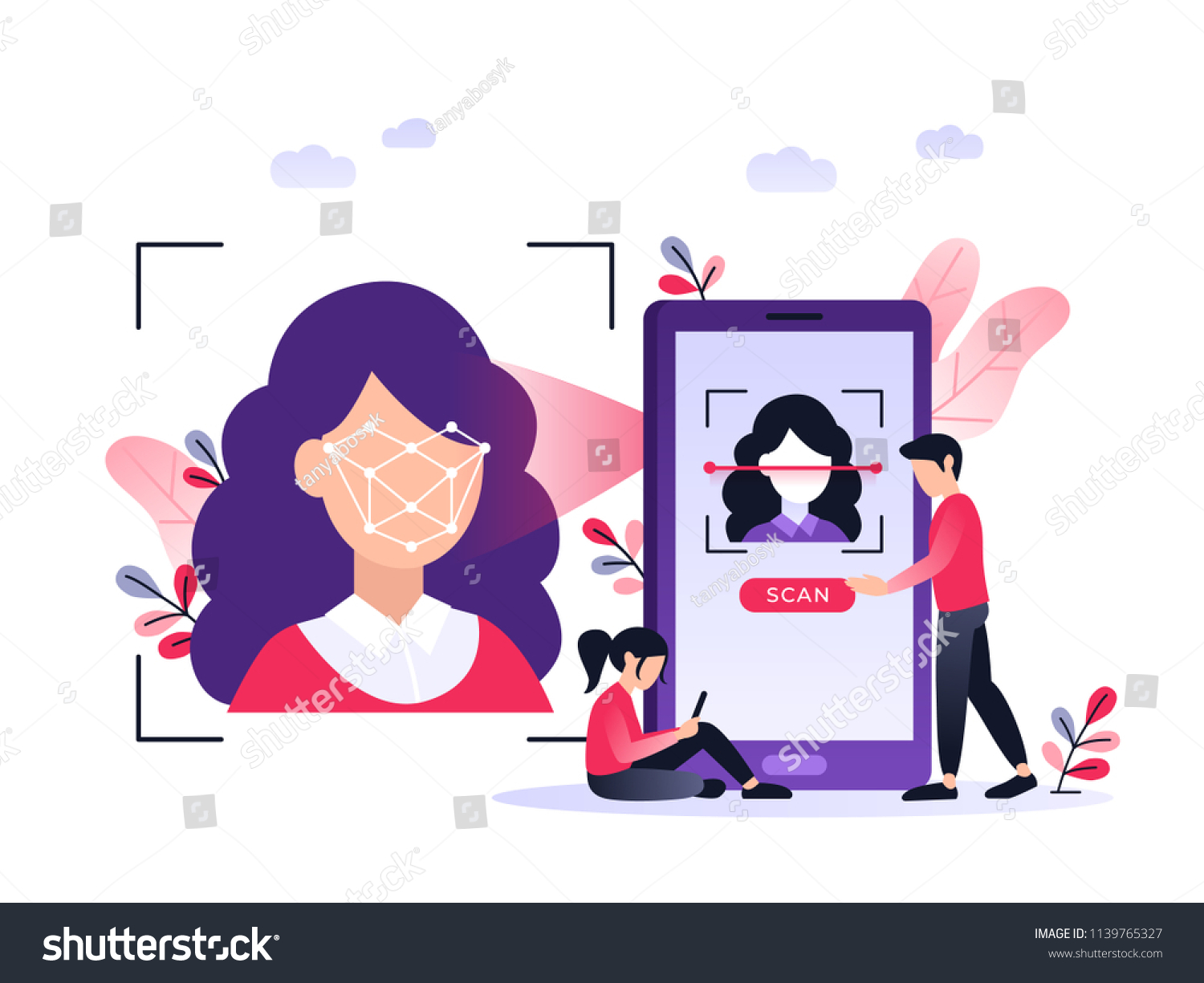 Smartphone scans a woman face. Biometric identification. Facial recognition system concept. Mobile app for face recognition. Ultraviolet flat vector illustration.