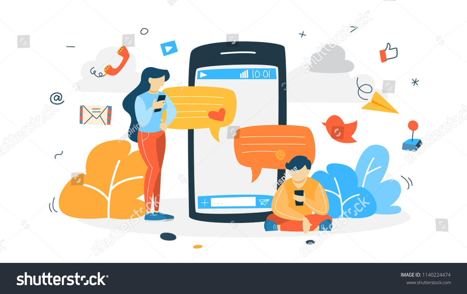 Young happy people chatting through the social networks with friends  sending cute emoji such as heart. Internet communication. Isolated flat vector illustration