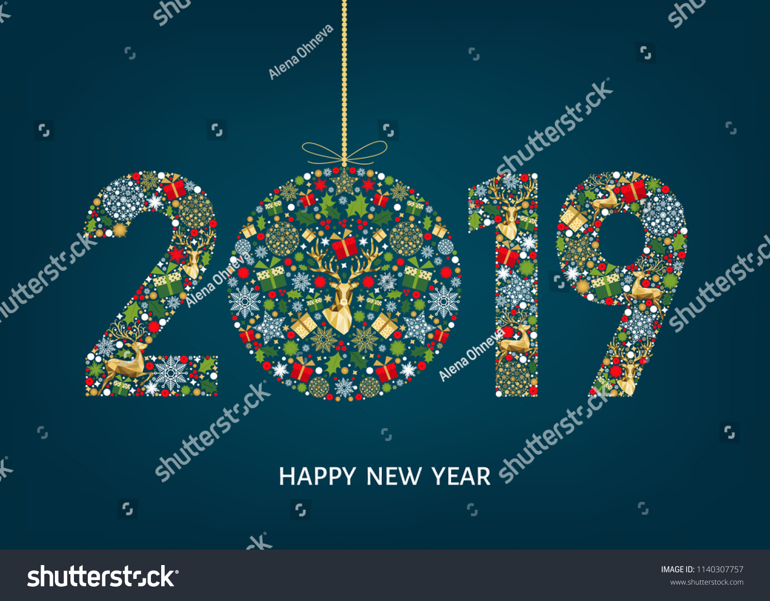 2019  Happy New Year greeting card on blue background with gold reindeer  gift boxes and  snowflakes. Colorful ornament. Vector decoration.