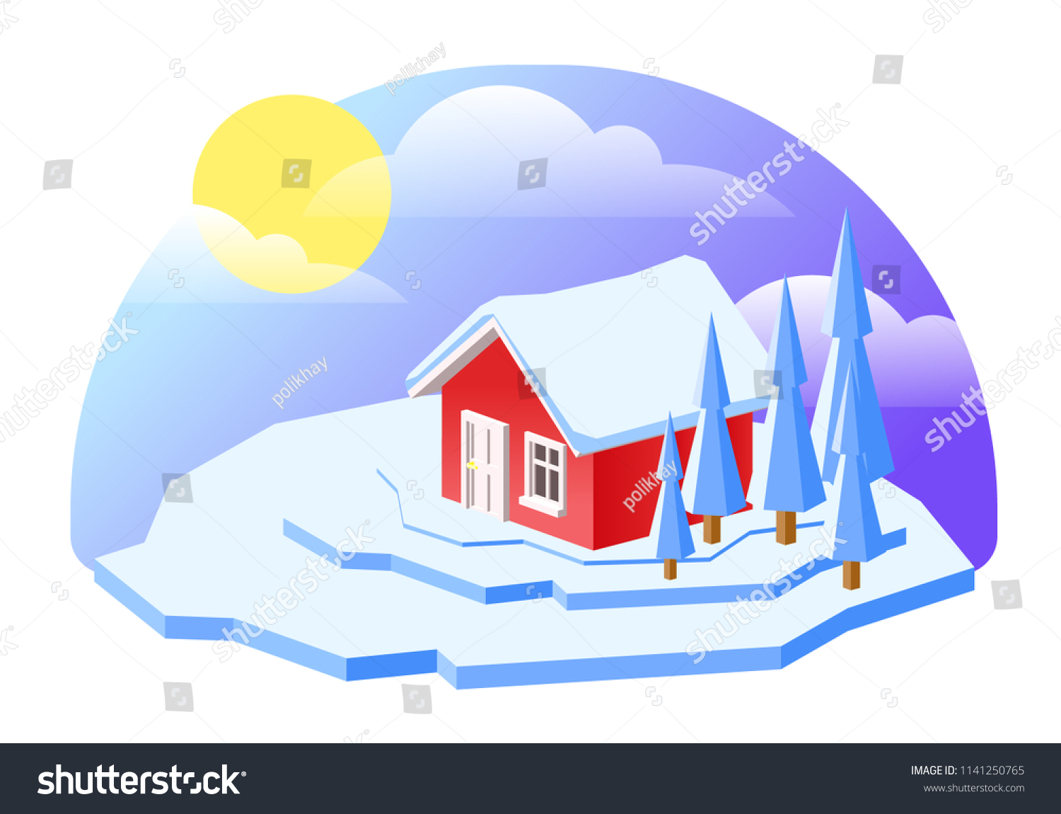 Vector illustration of isometric cute house on hill. Isolated winter day view.