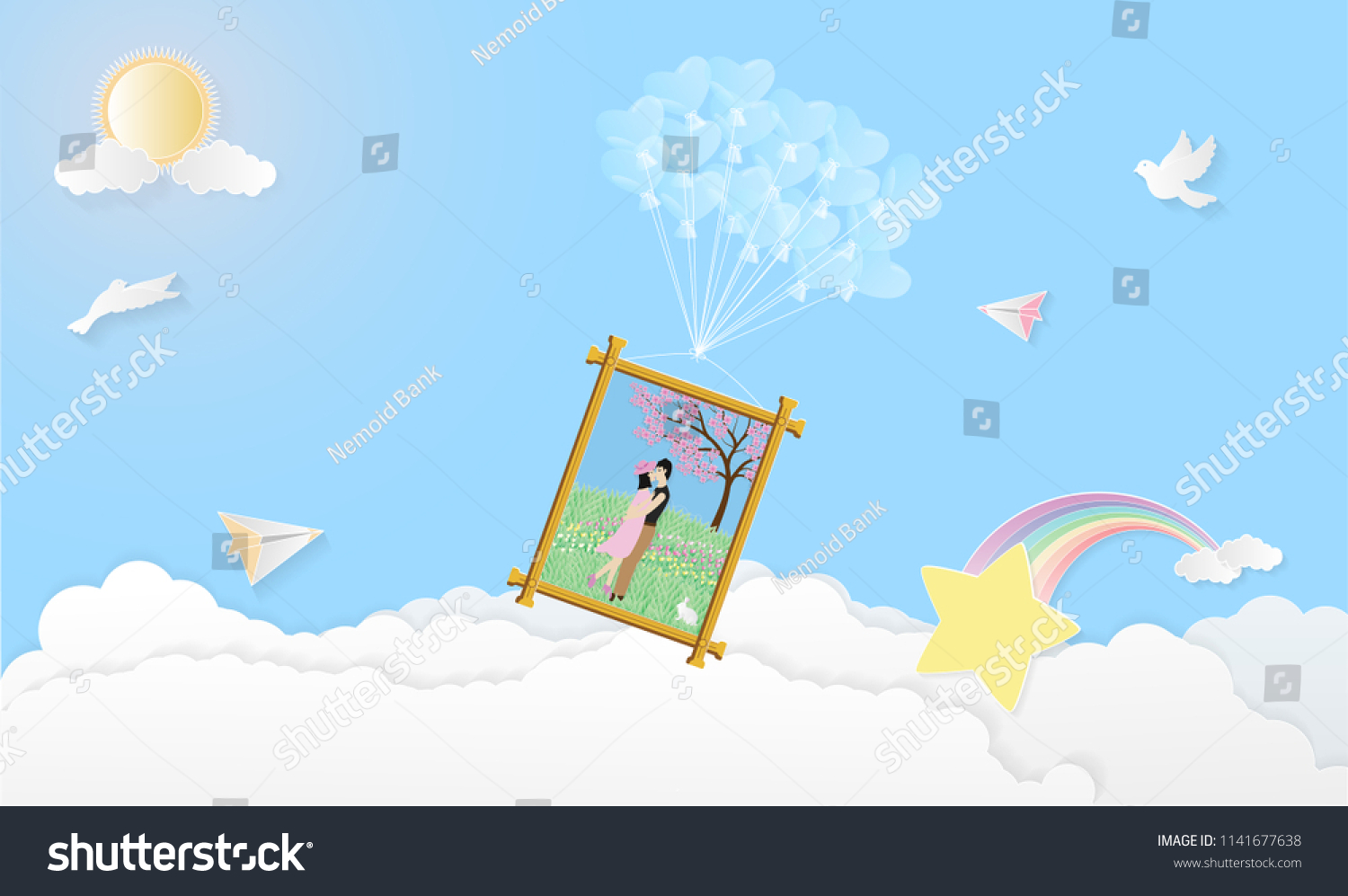Vector illustration abstract background with Boy Girl Birds Sun Hearts Rainbow Star Plane and Balloons.Paper art concept.