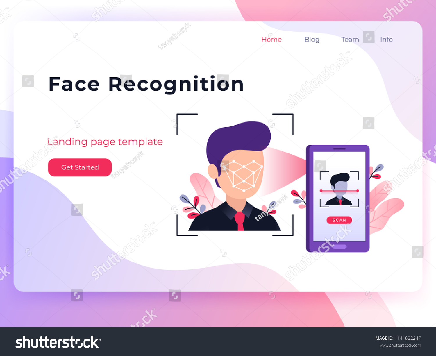 Smartphone scans a man face. Biometric identification. Facial recognition system concept. Mobile app for face recognition. Ultra violet flat vector landing page template.