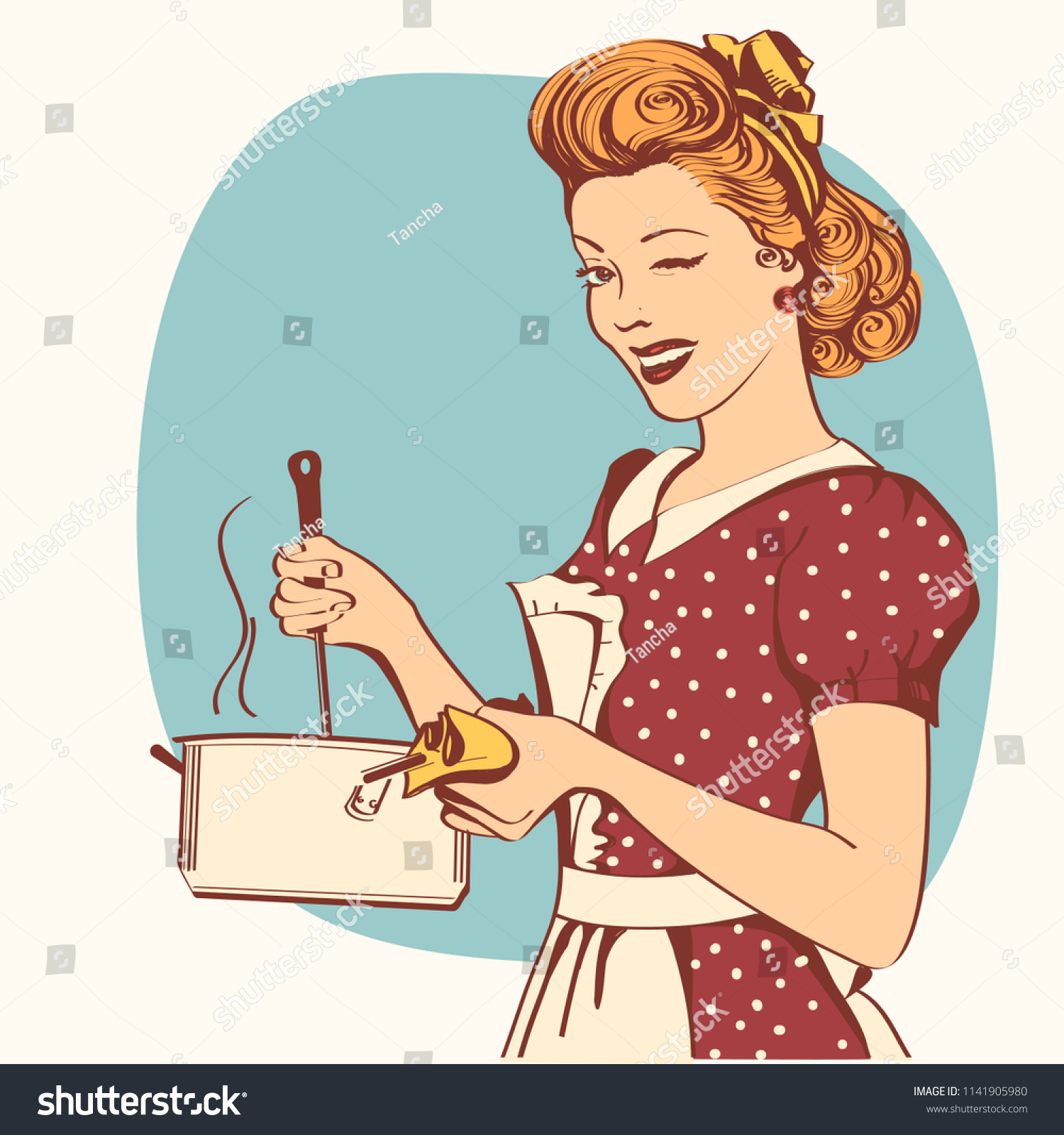 Retro young woman in retro clothes cooking soup in her kitchen room.Vector color illustration