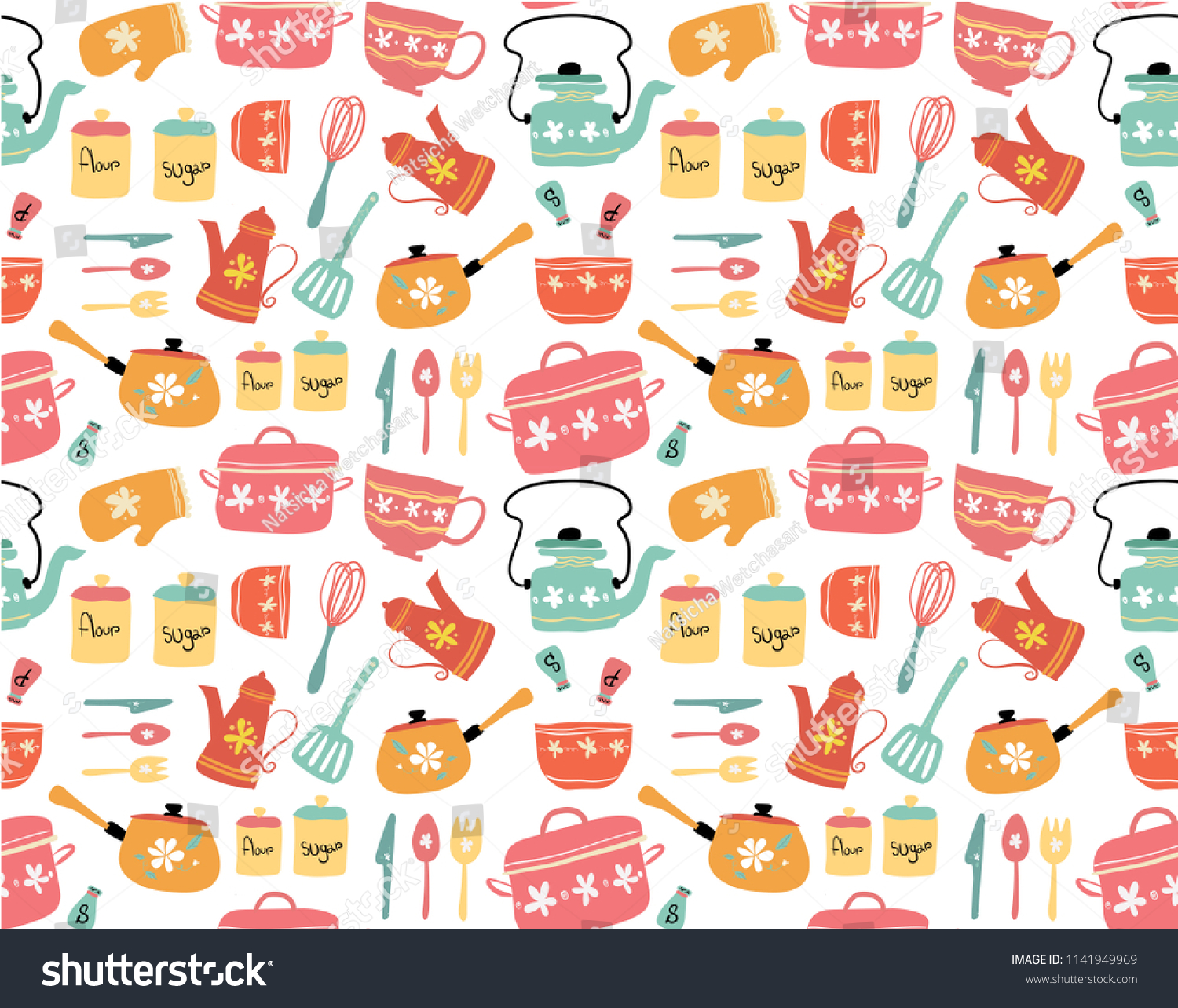 hand drawn vector pastel vintage kitchen seamless pattern