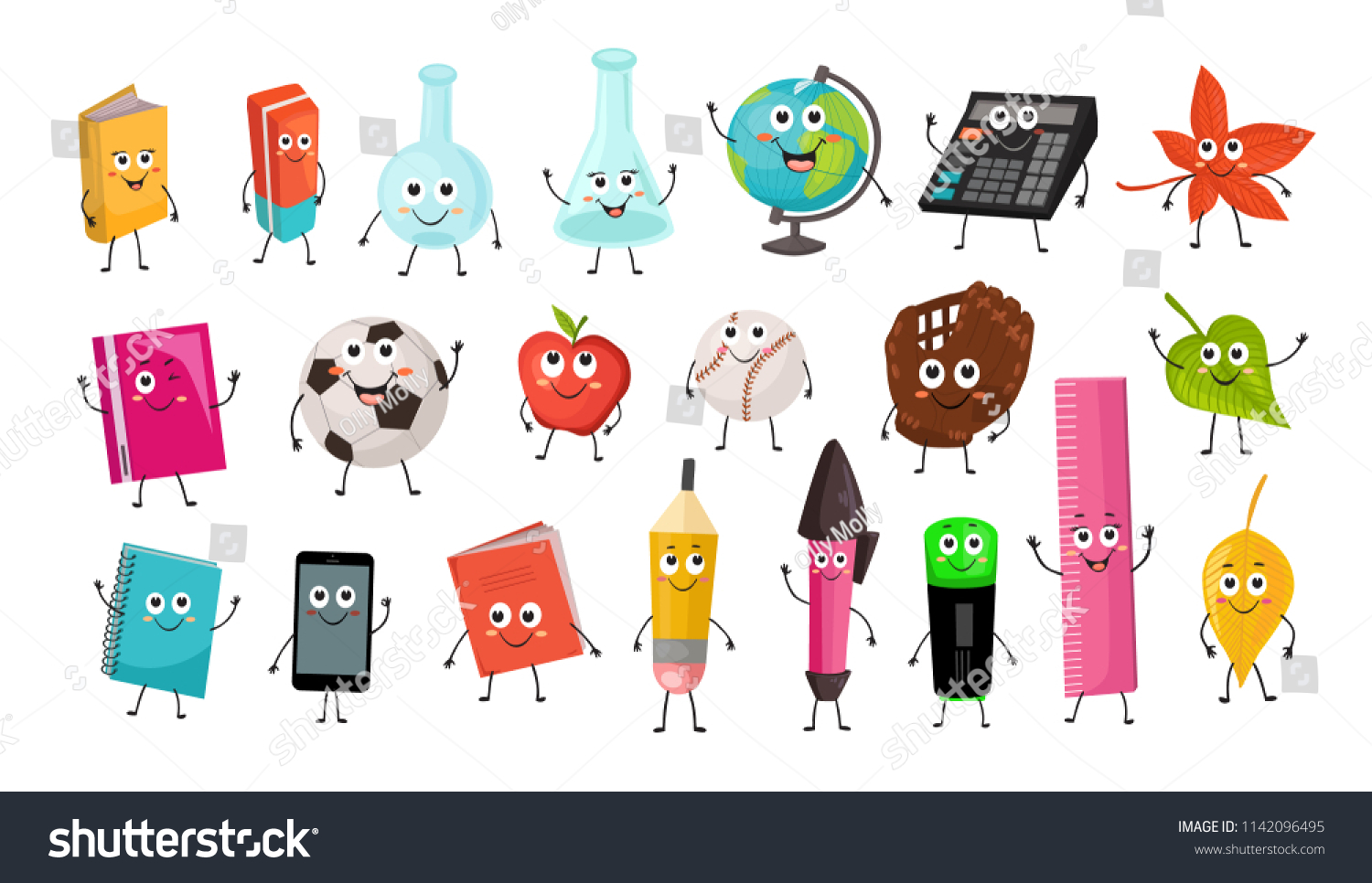 Cute cartoon school characters collection. Vector illustration of school objects isolated on white background. Back to school funny smileys.