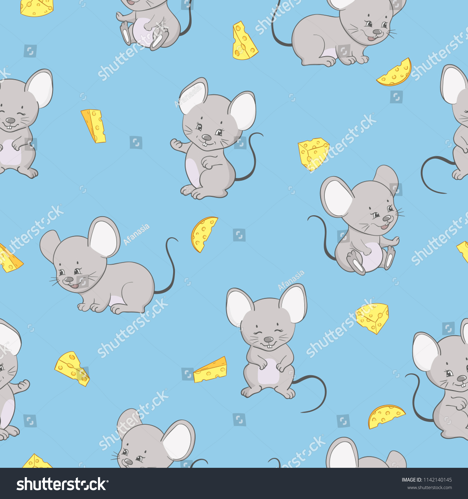 Seamless pattern with cute cartoon mice and cheese. Vector mouse background for kids.
