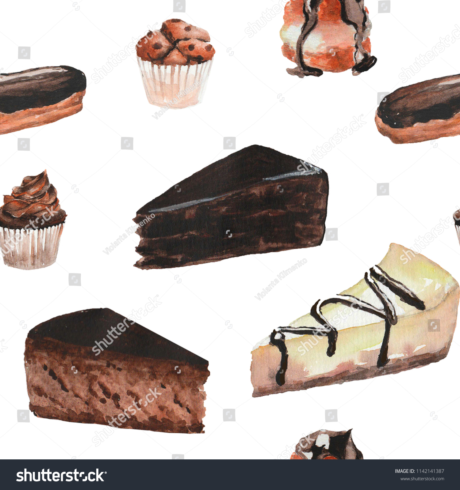 Watercolor chocolate desserts seamless pattern