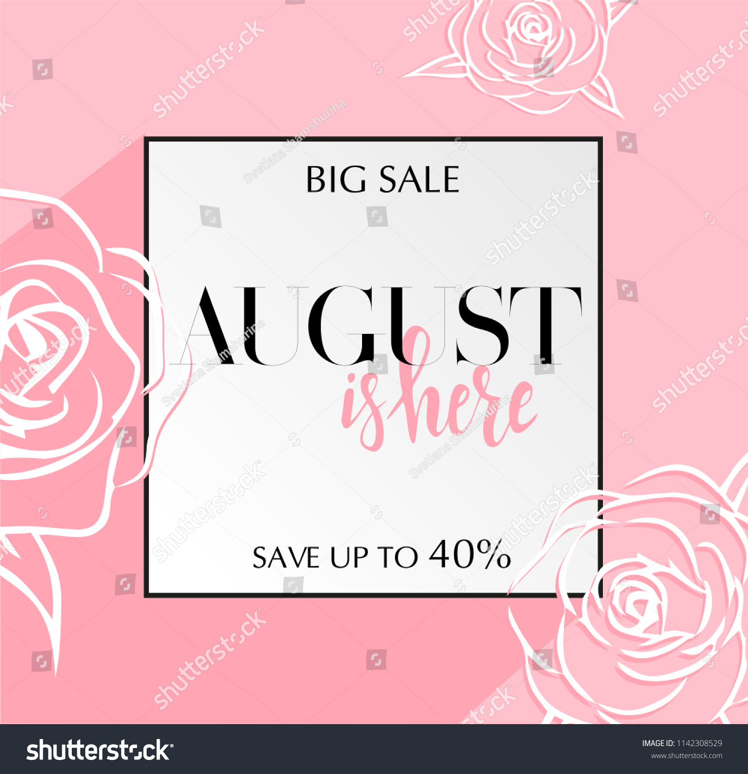 Design banner with lettering August is here logo. Pink Card for summer season sale with black frame and wthite roses. Promotion offer save up to 30 percent with flower decoration. Vector illustration
