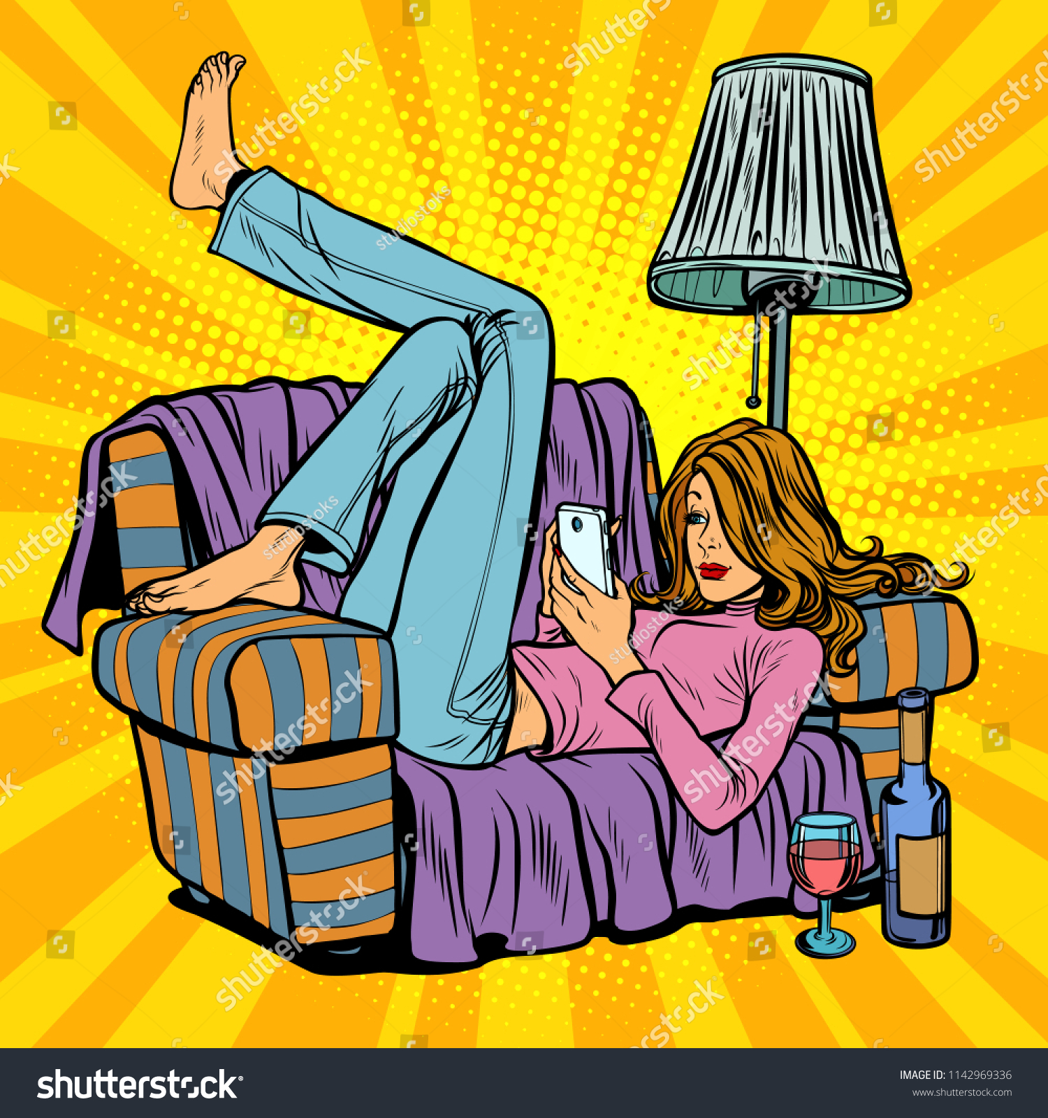 Woman lying on the couch and reading smartphone. Pop art retro vector illustration kitsch vintage