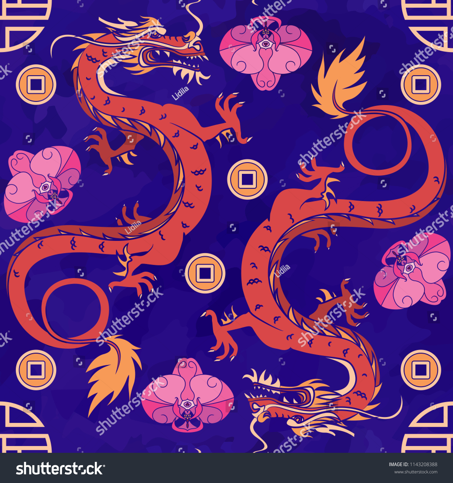 Seamless oriental pattern with dragons and orchids  chinese ornament on a watercolor background
