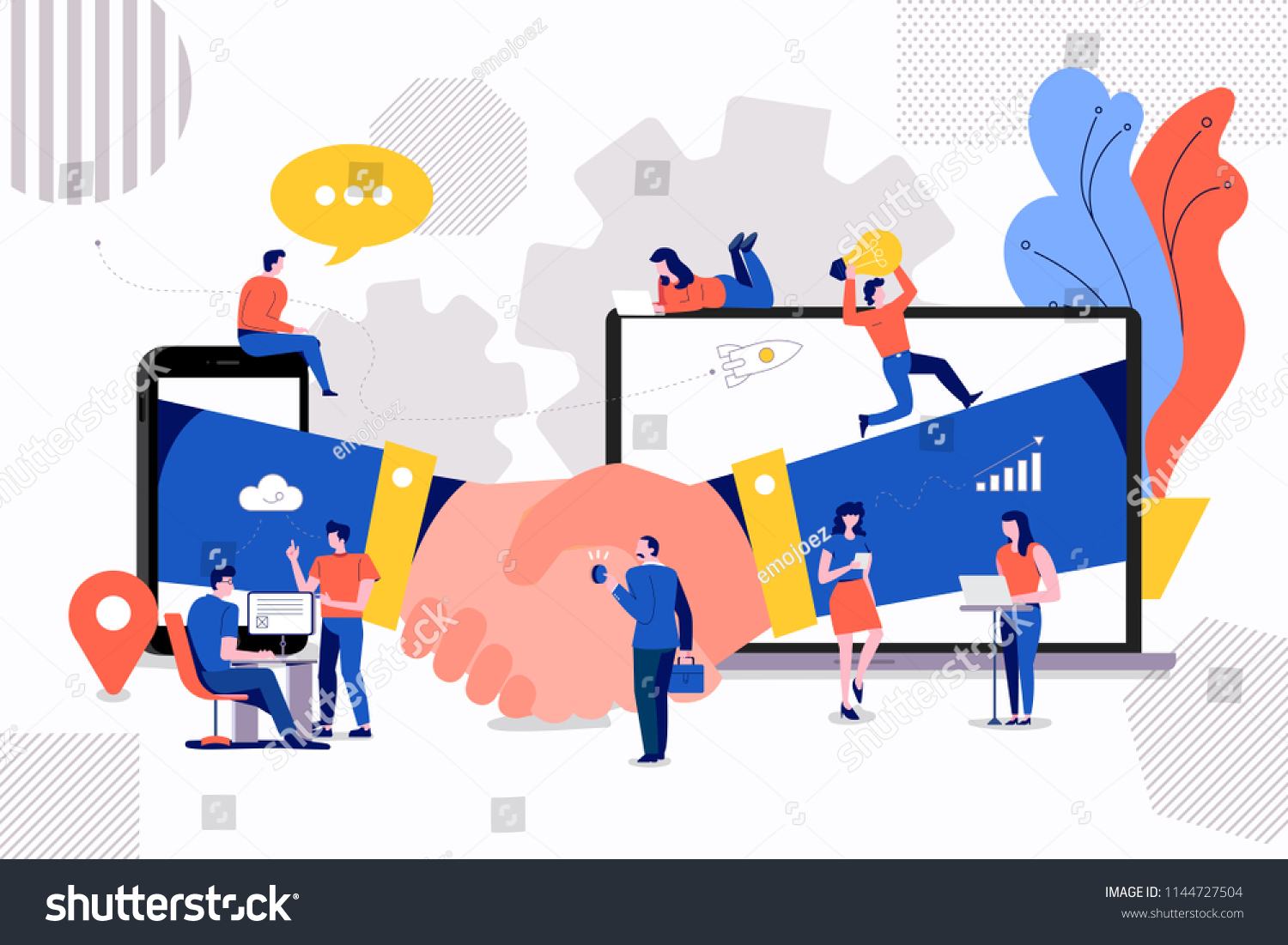 Illustrations concept small people creating value of partner business. via handshake deal between company. Vector illustrate.