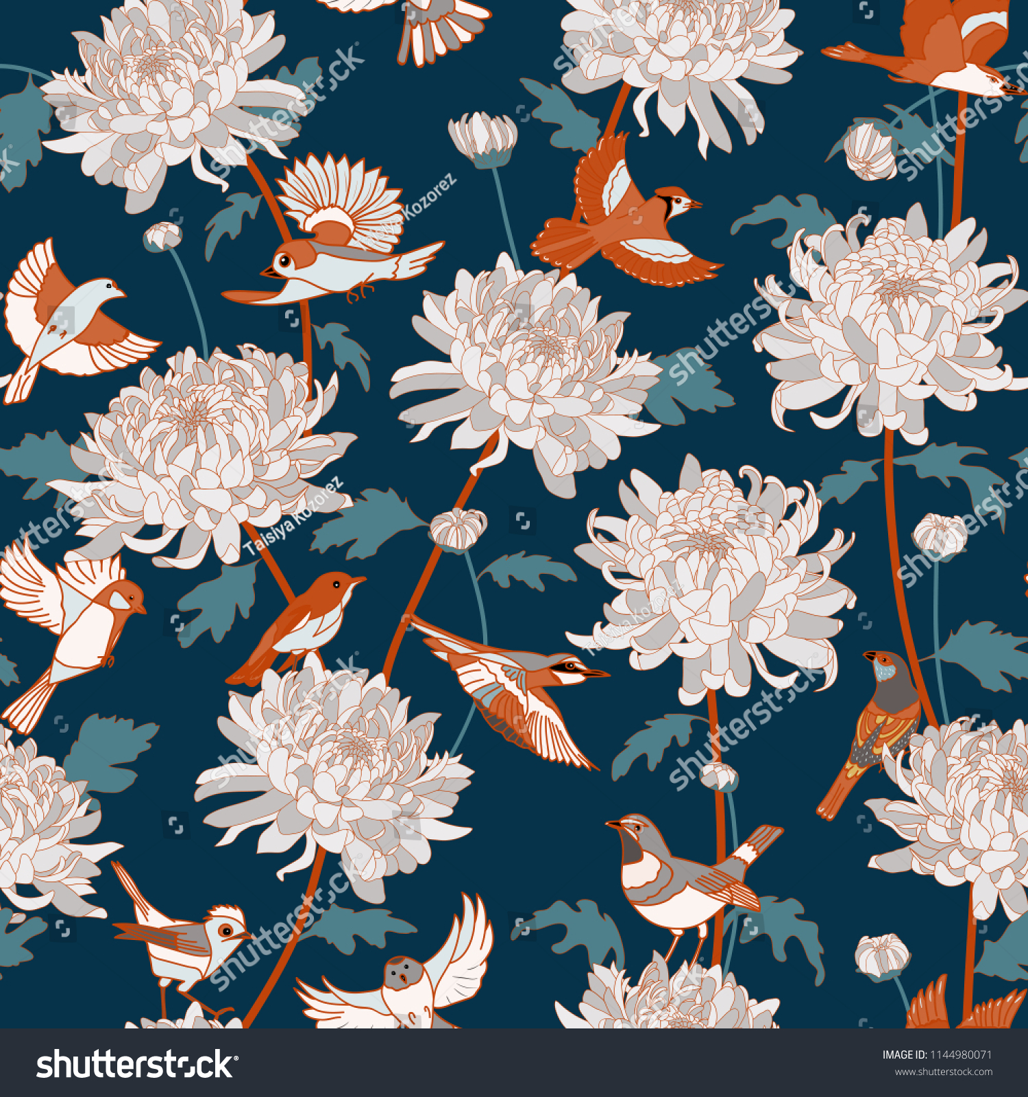Floral background with birds and chrysanthemums vintage pattern. Japanese national flower chrysanthemum. Illustration luxury design  textiles  paper  wallpaper  curtains  blinds