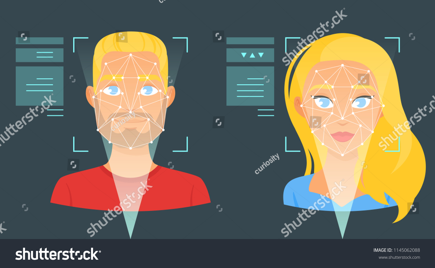 Vector cartoon style face biometric identification illustration. Concept for web and mobile secure technology  facial identification. Man and woman avatar.