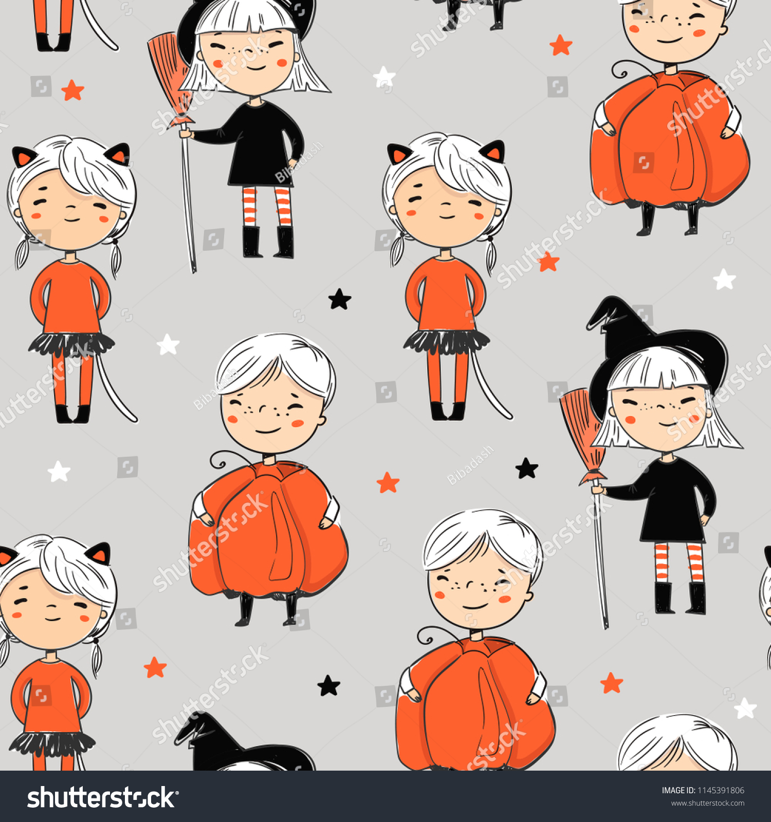 Cute kids in halloween costumes. Colored vector seamless pattern. Grey background