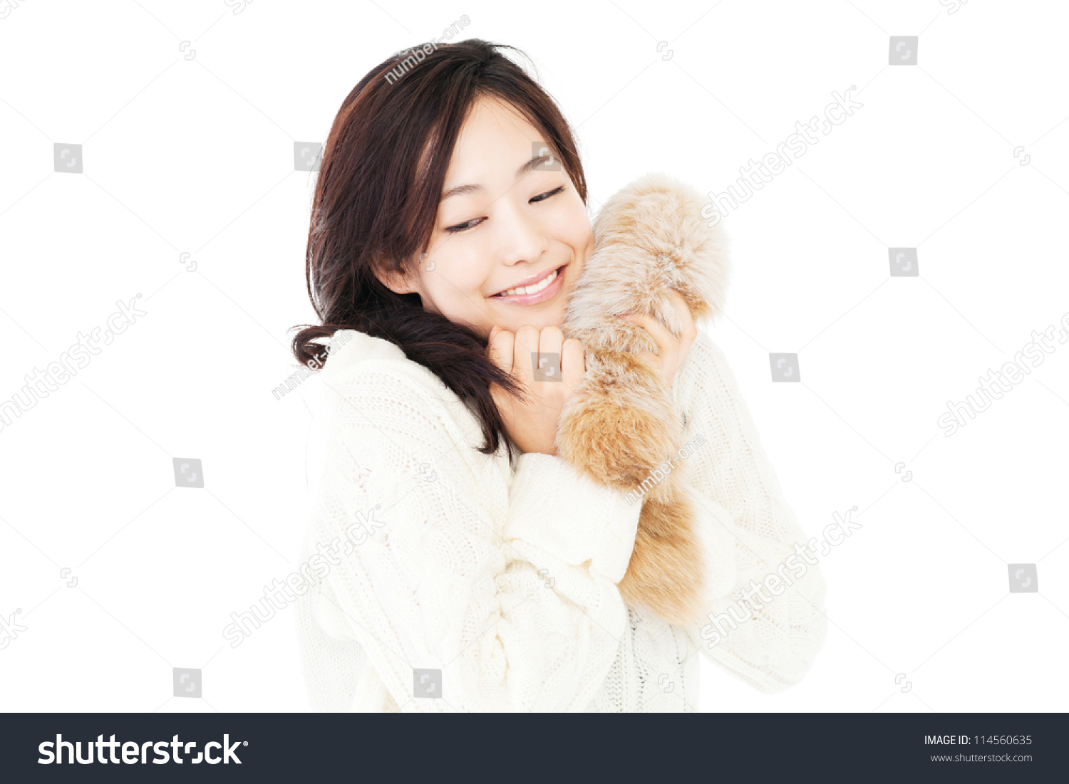 Beautiful winter woman on white background. Portrait of asian.
