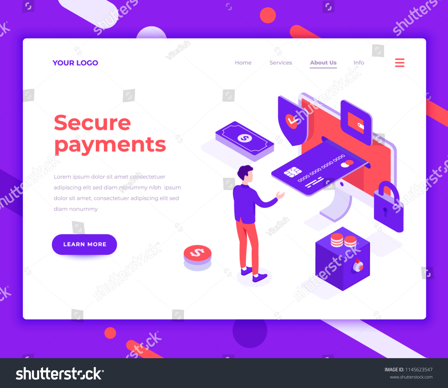 Secure payment people and interact with card. Landing page template. 3d isometric vector illustration.