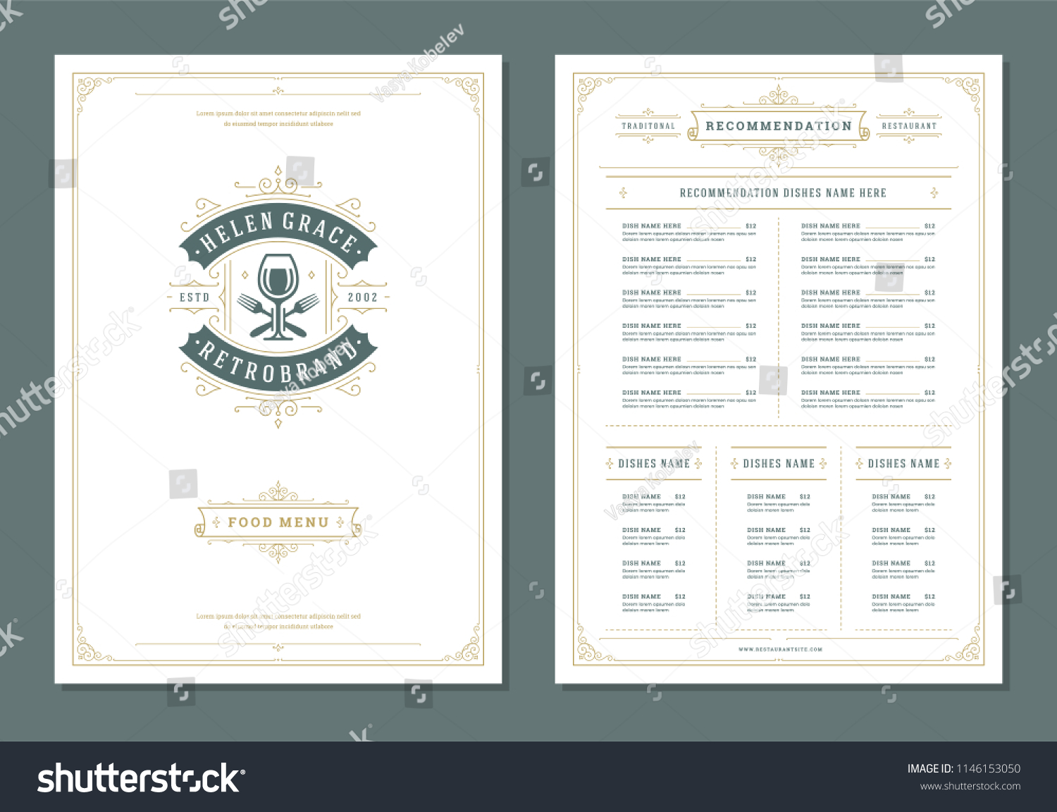 Restaurant menu design and logo vector brochure template. Wine glass illustration and ornament decoration.