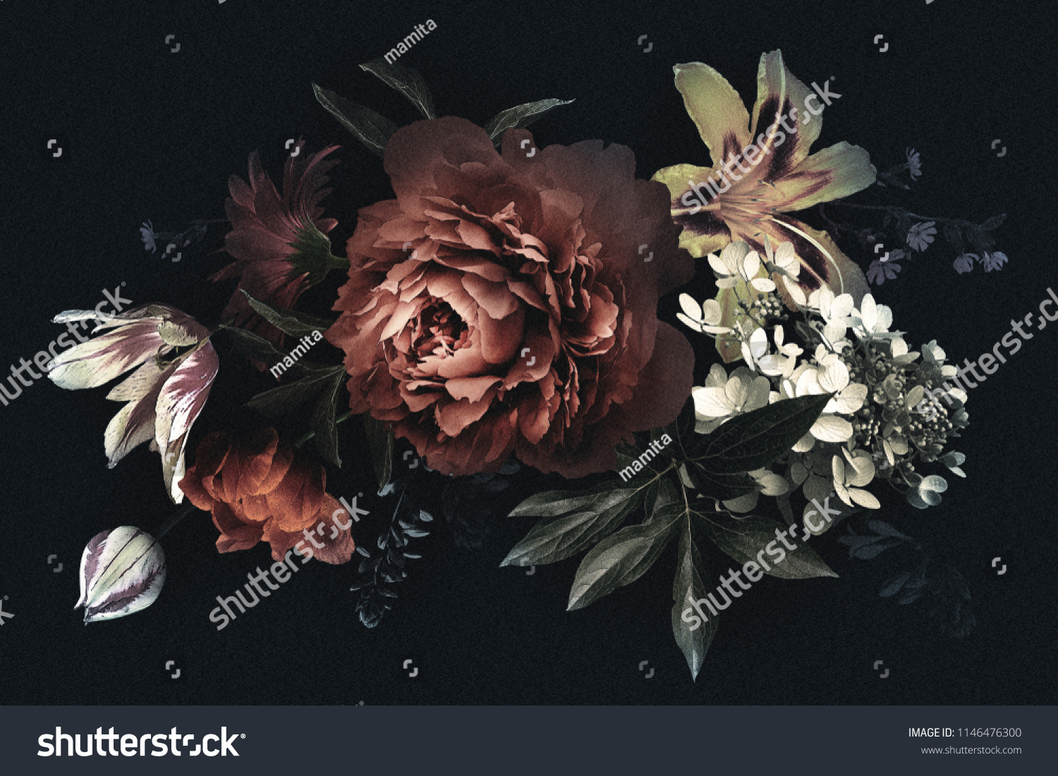 Floral vintage card with flowers. Peonies tulips lily hydrangea on black background. Template for design of wedding invitations holiday greetings business card decoration packaging