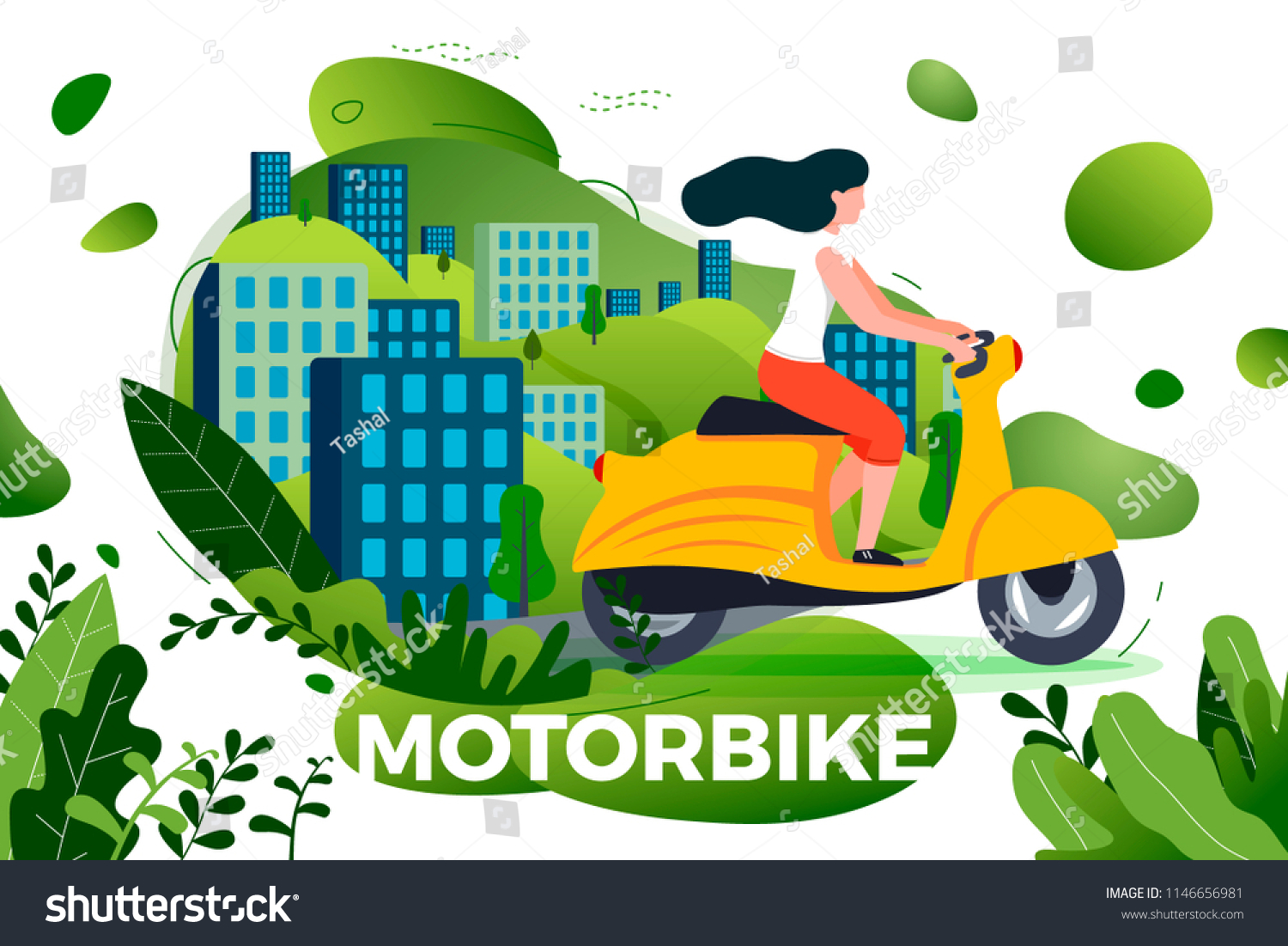 Vector illustration - girl riding on motorbike. Park  city  trees and hills on background. Banner  site  poster template with place for your text.