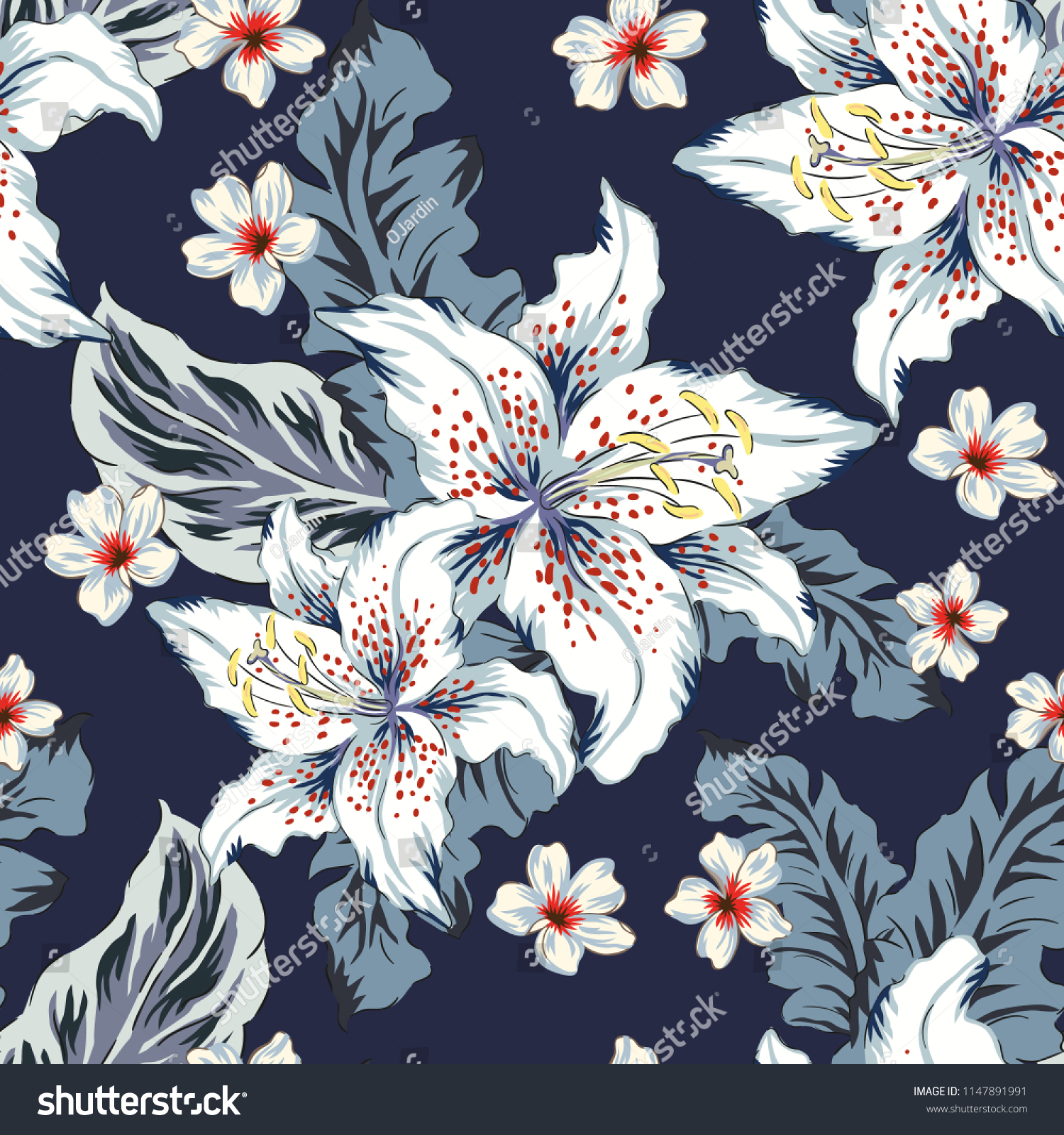 Tropical white lily  plumeria red flowers and gray palm leaves  navy background. Vector seamless pattern. Jungle foliage illustration. Exotic plants. Summer beach floral design. Paradise nature