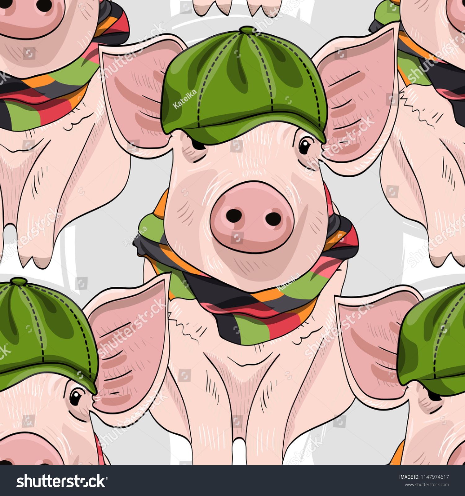 Vector seamless pattern with pigs. Pigs with green cap and scarf.