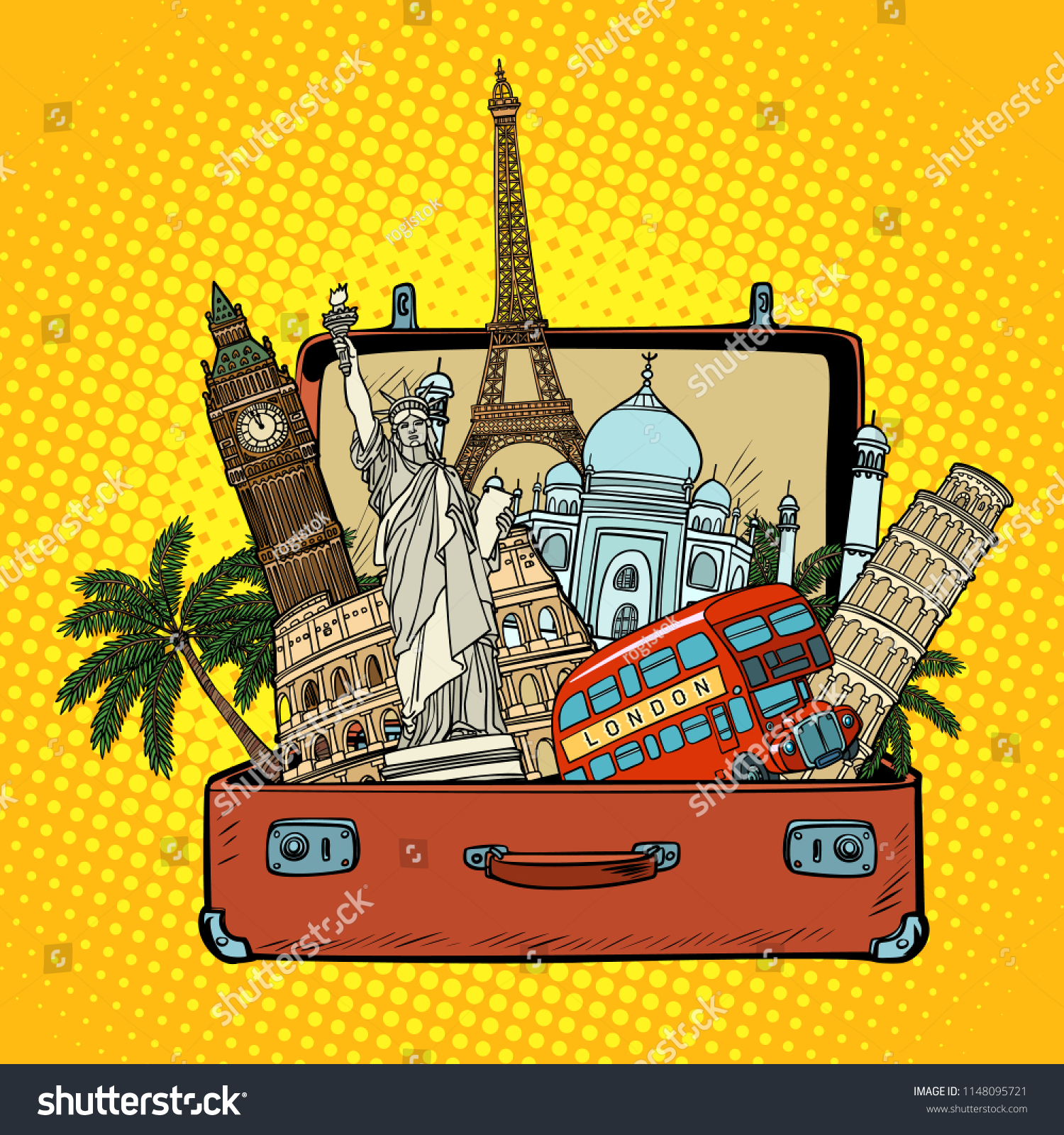 Suitcase with world landmarks.Tourism and travel concept. Comic cartoon pop art retro vector illustration drawing