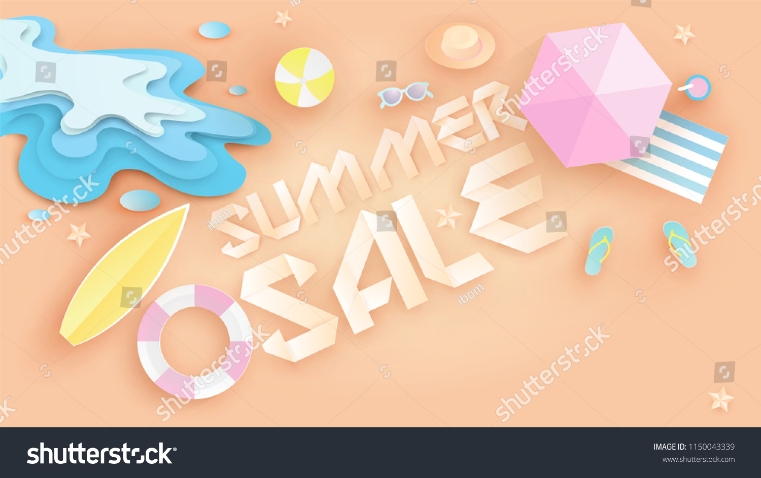 Illustration of Summer sale banner design in top view beach background and decoration. Aerial view of summer beachside and summer sale text. paper cut and craft style. vector  illustration.