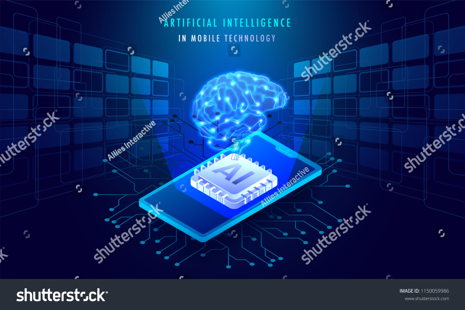 Artificial Intelligence In Mobile Technology concept  isometric illustration of smartphone with AI processor chip on Sci-Fi background.