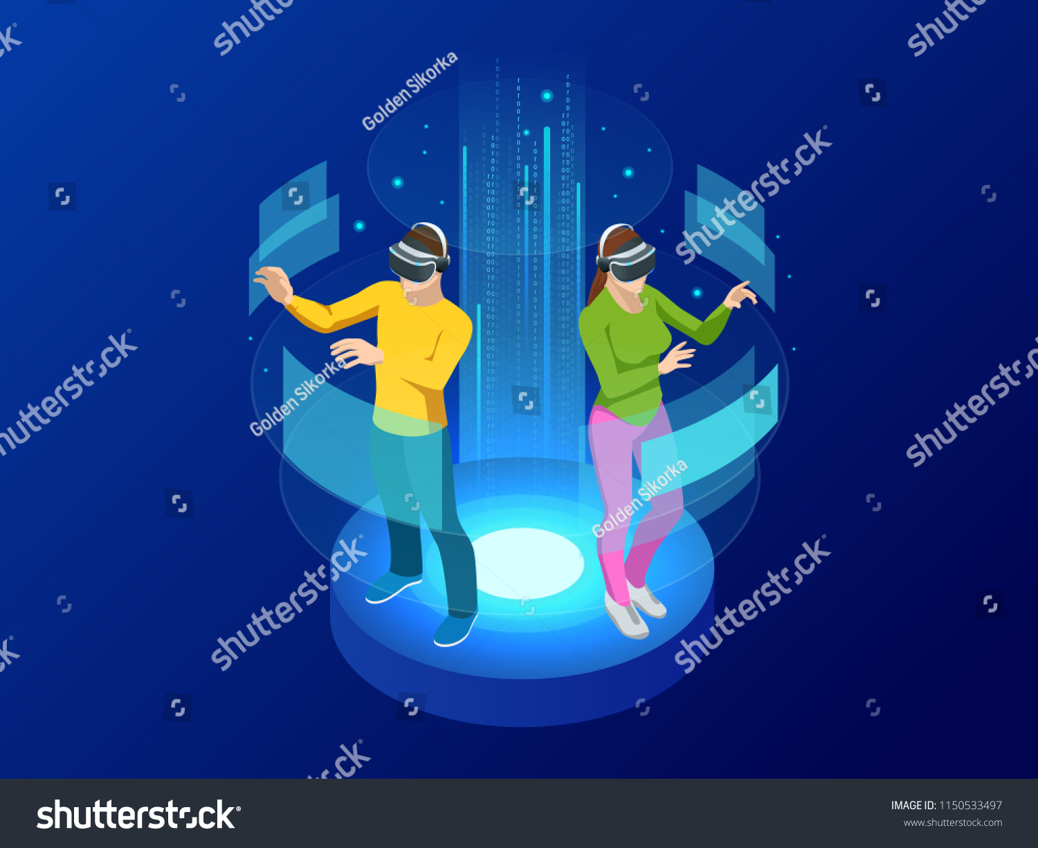 Isometric Man and woman wearing virtual reality goggles. Augmented realty concept. Man wearing goggle headset with touching vr interface. Into virtual reality world. Future technology