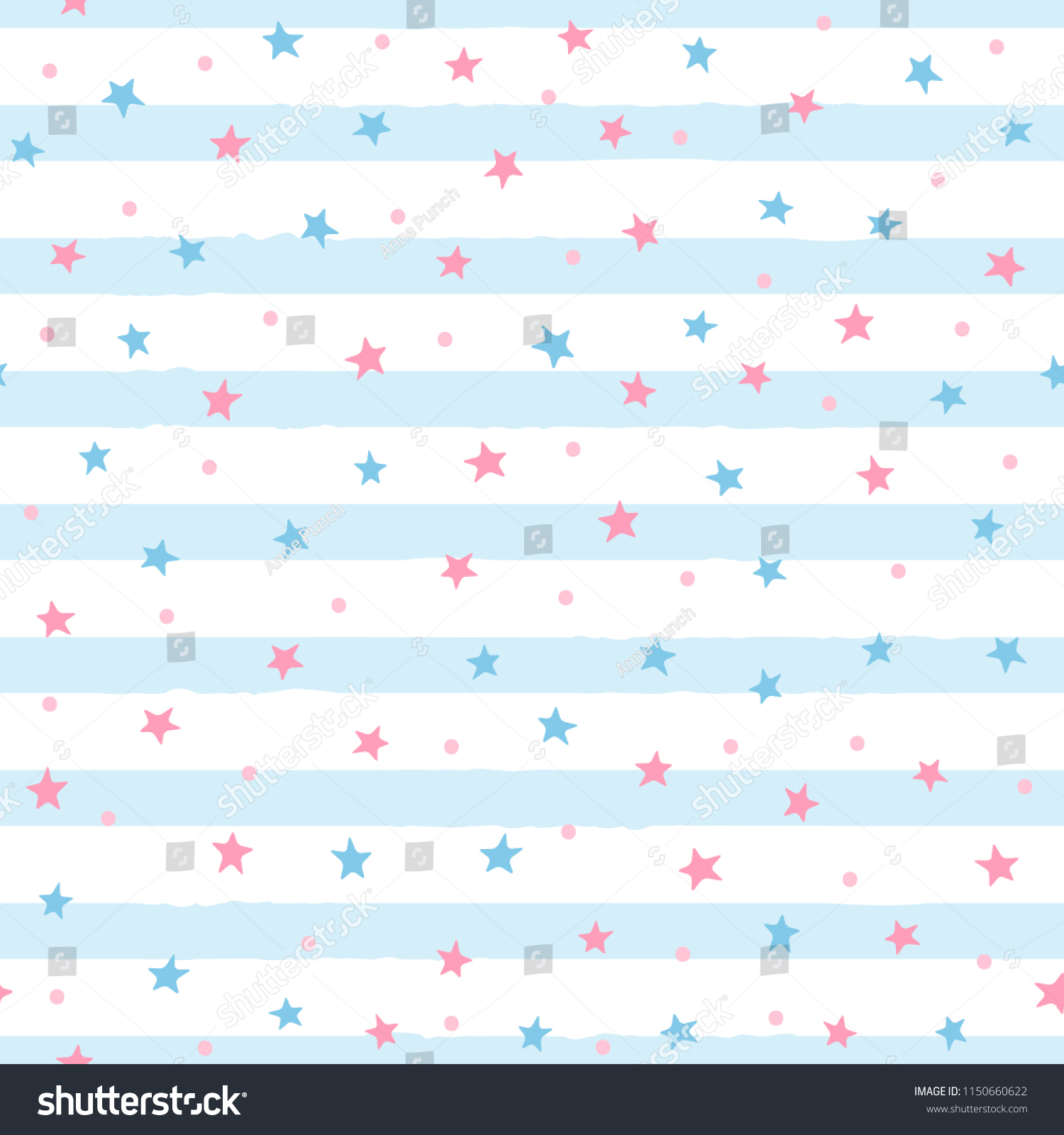 Repeated scattered stars and round dots on uneven striped background. Cute seamless pattern for girls. Endless girly print. Vector illustration.