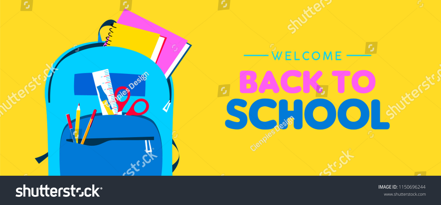 Back to school web banner  colorful kid backpack illustration. Student bag with class supplies and happy typography quote. EPS10 vector.