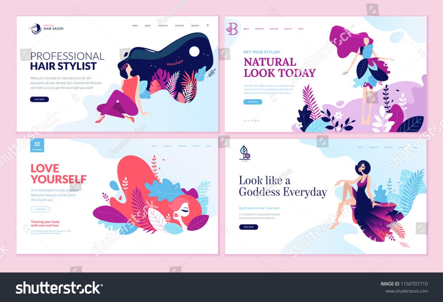 一组美容 水疗 健康 天然产品 化妆品 身体护理的网页设计模板。网站和移动网站开发的现代矢量图概念。