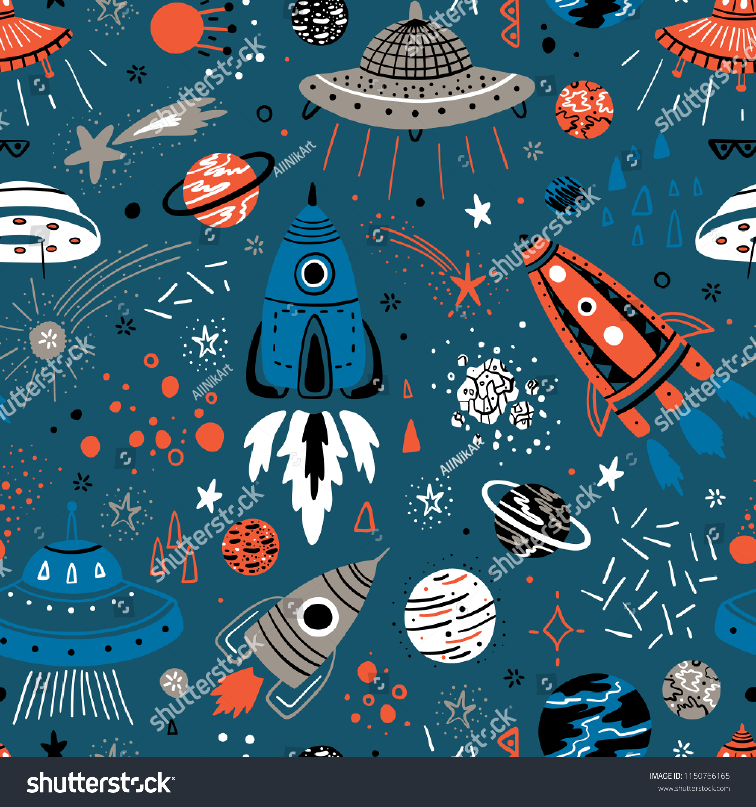 Space Background for Kids. Vector Seamless Pattern with Cartoon Rockets ...