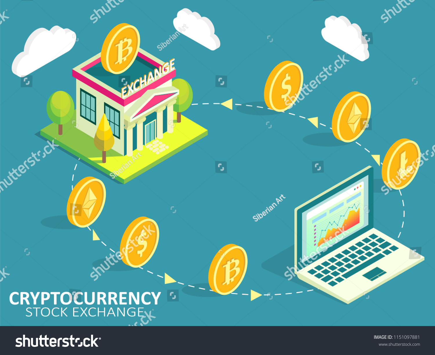 Cryptocurrency stock exchange process infographic. Isometric illustration. Buying selling or exchanging cryptocurrencies for another digital currency or fiat money concept.