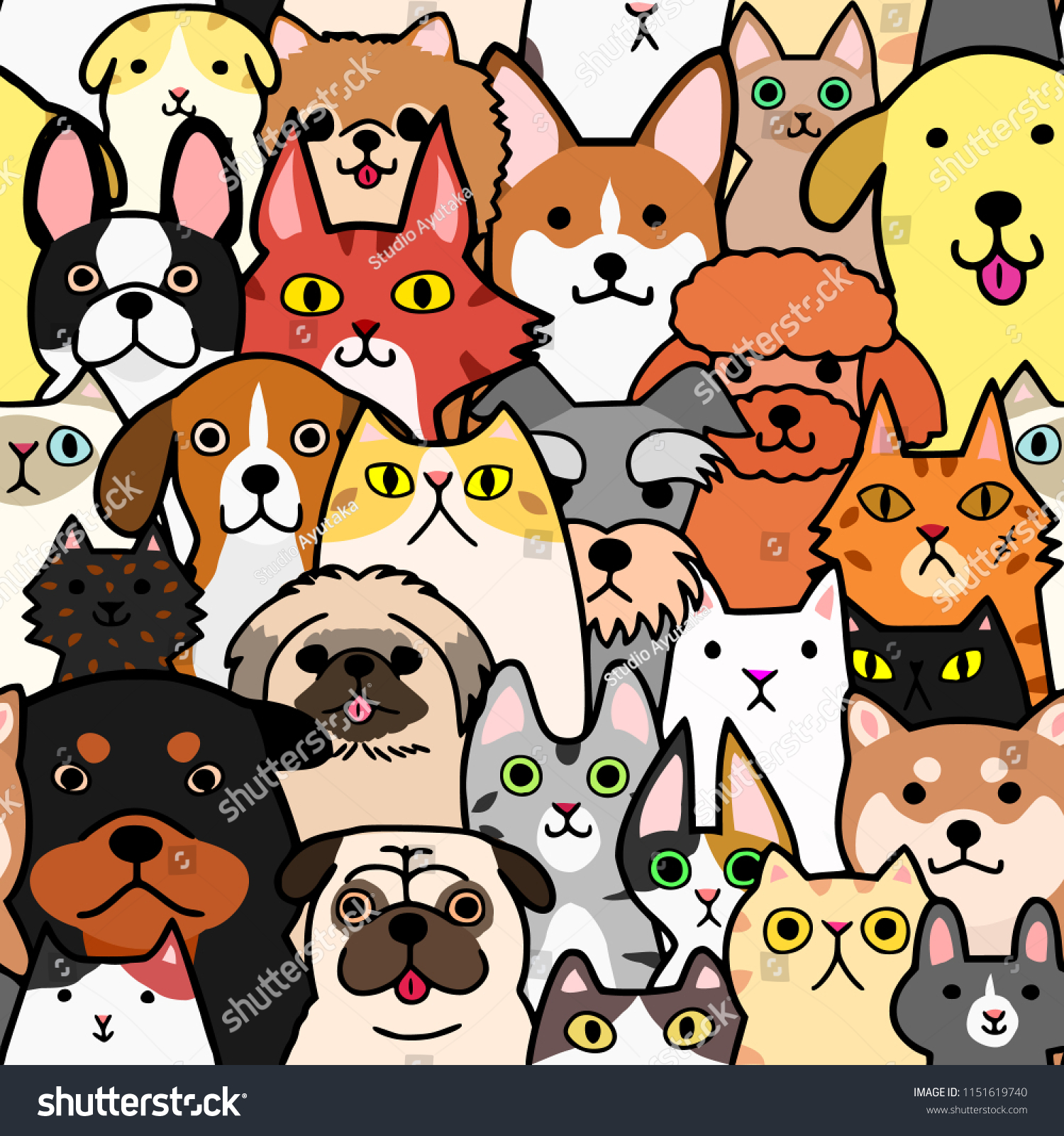 seamless doodle dogs and cats faces colorful background