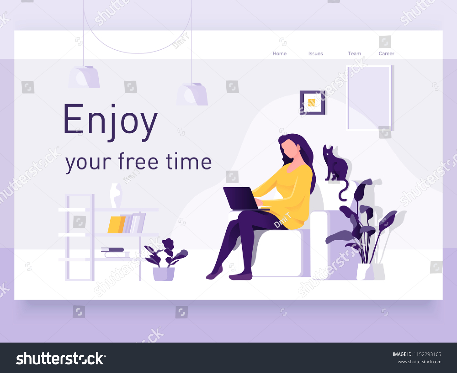 A girl sitting on the sofa works on the laptop. Vector flat illustration. Landing page template  cartoon style.