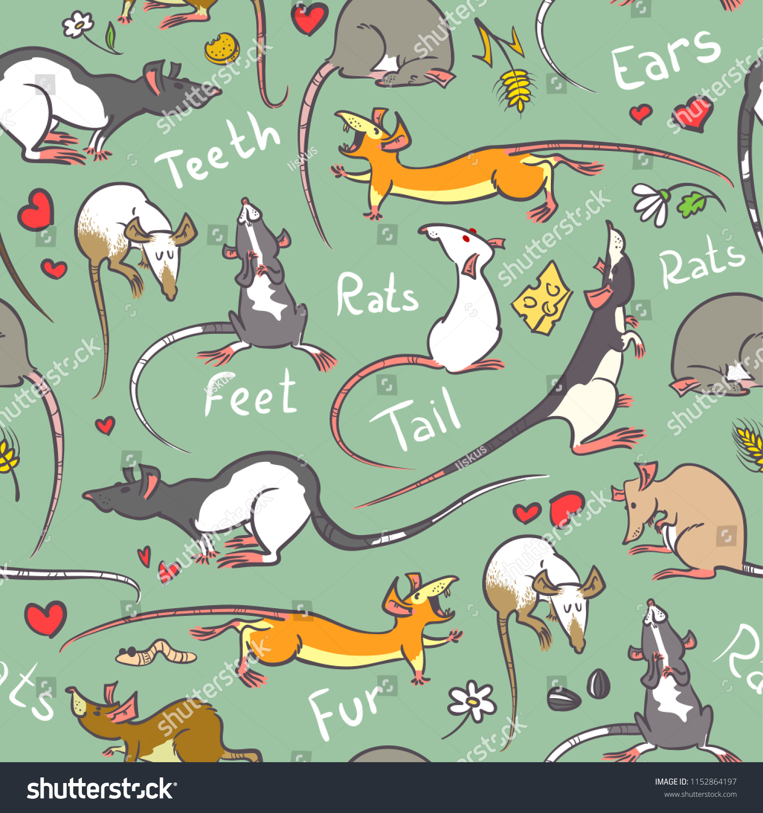 Seamless pattern with fancy rat. Domestic rodents background. Cute line art domestic animals. Vector illustration with coclorful rats