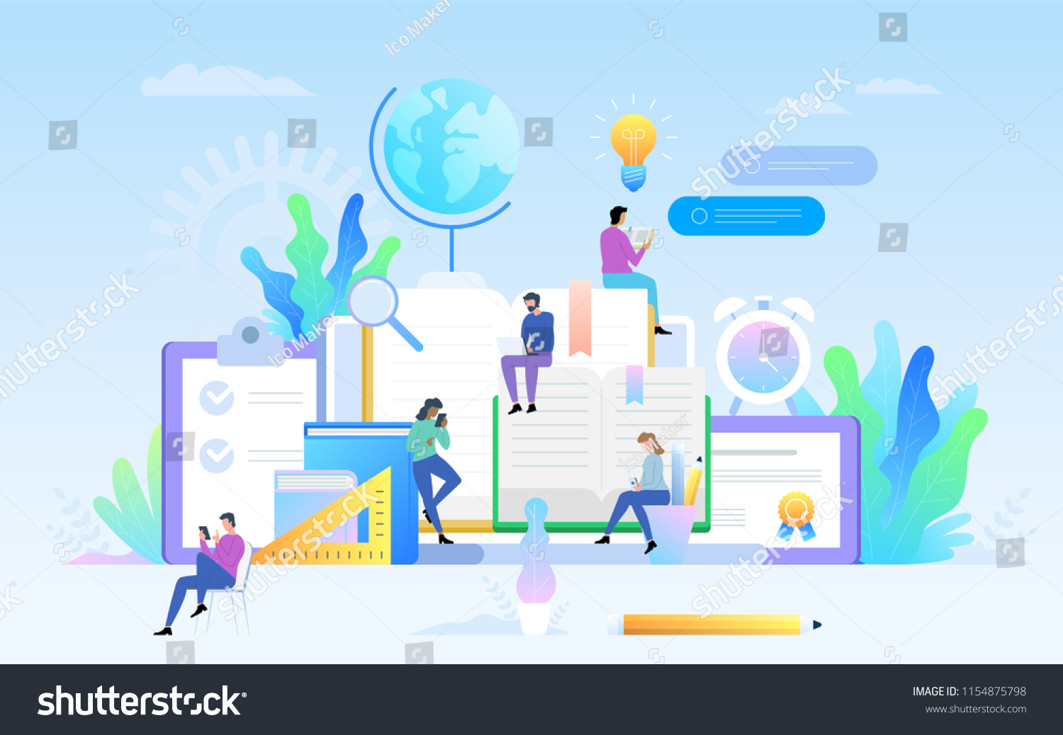 E-learning concept illustration of young people using laptop and tablet pc for distance studying and education. Guys and young women sitting on the big book and reading for self education