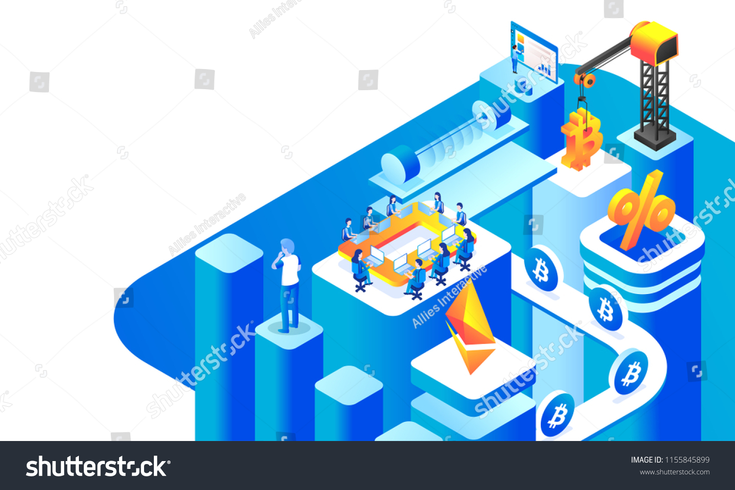 Isometric view of cryptocurrency exchange platform with illustration of people working together  analyst analysis the data.