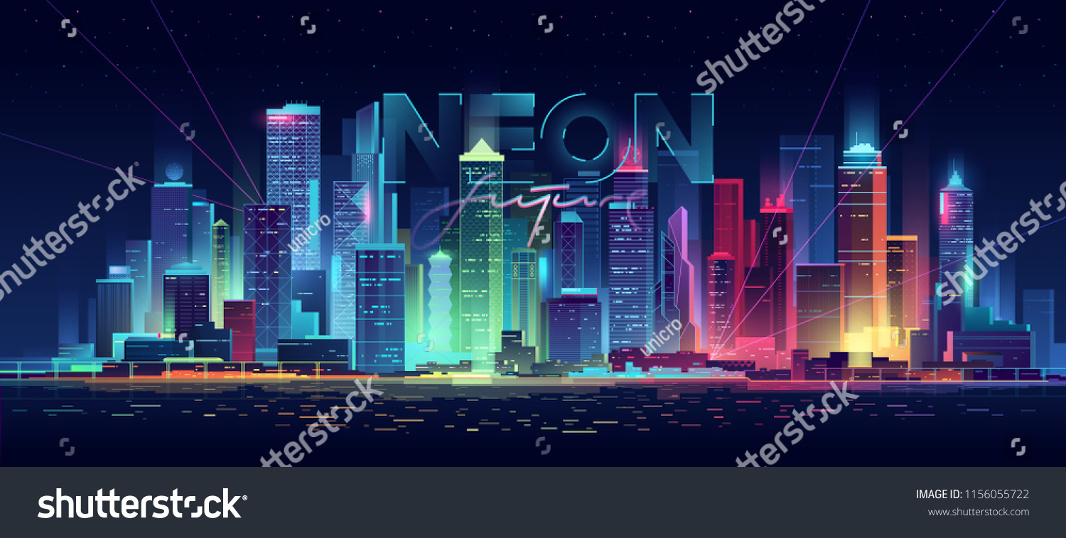 未来派夜城。在黑暗的背景上的城市景观 带有明亮而发光的霓虹紫色和蓝色的灯光。赛博朋克和复古波风格的插图。