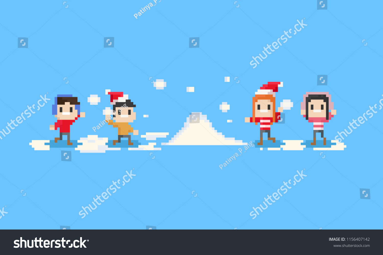 Pixel happy children playing the snow.8bit.christmas.