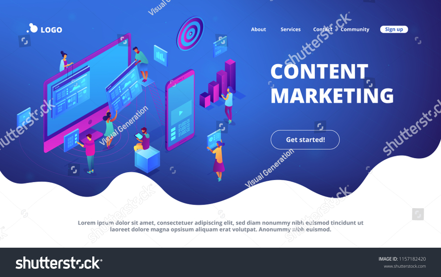 Isometric IT specialists working with charts on content marketing landing page. Business analysis  content strategy and management concept. Blue violet background. Vector 3d isometric illustration.