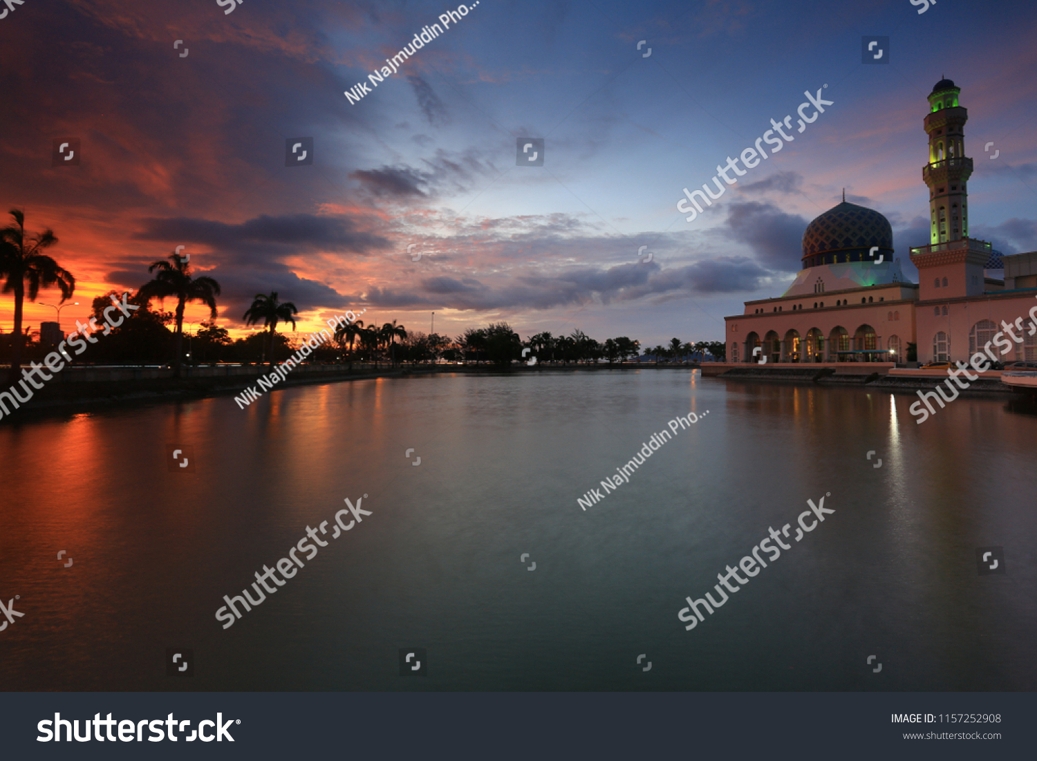 Beautiful view of Bandaraya Kota Kinabalu Mosque (Masjid BandaRaya MBR) at Likas Kota Kinabalu Sabah during sunset.