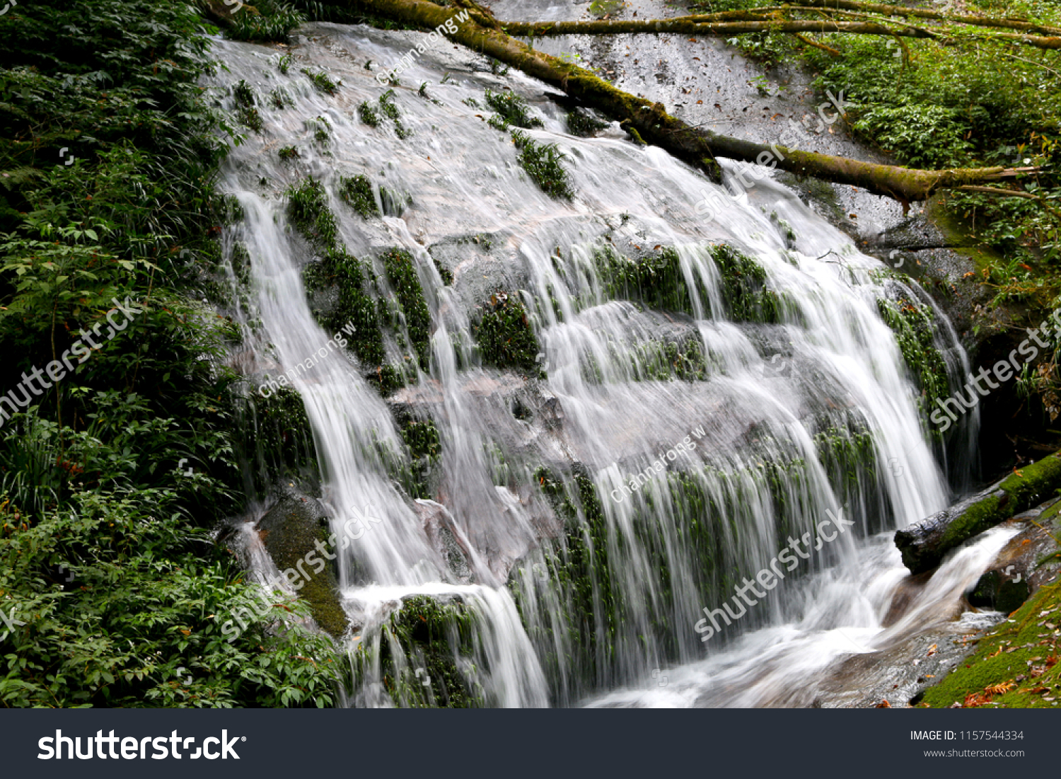 Waterfall of the mountain stream.Cascades of mountain streams.