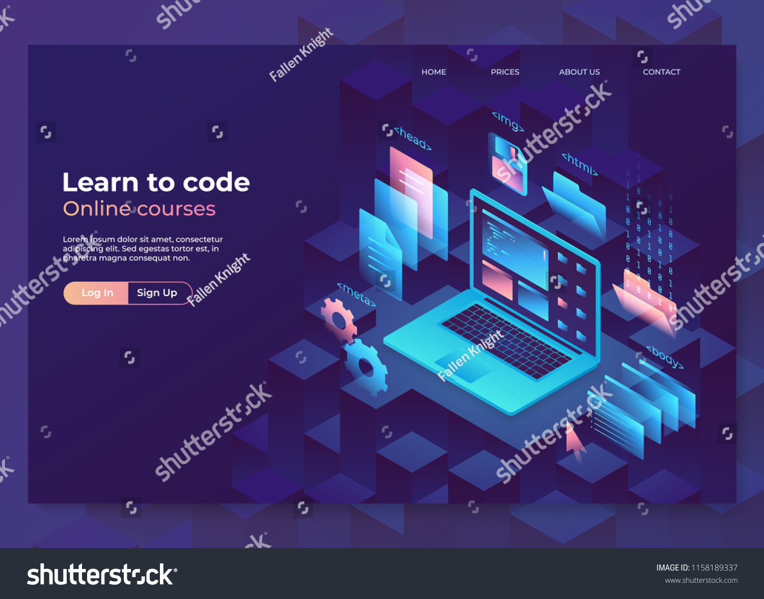 Landing page concept  header for website. Online education illustration  programming and coding process. Isometric laptop with graphic elements. Eps10 vector